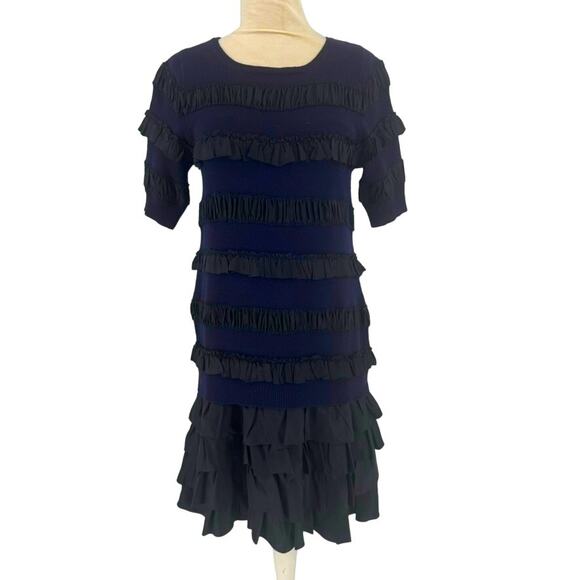 Marc by Marc Jacobs Dress Wool Tiered Silk Midi Dress Size Medium Navy Black - Picture 1 of 8